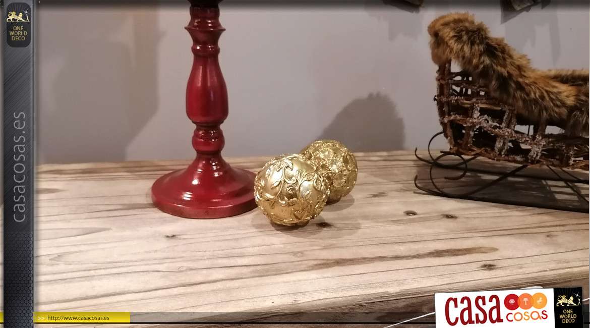 Dúo de esferas de resina decorativas, motivos florales, acabado oro viejo, Ø9cm