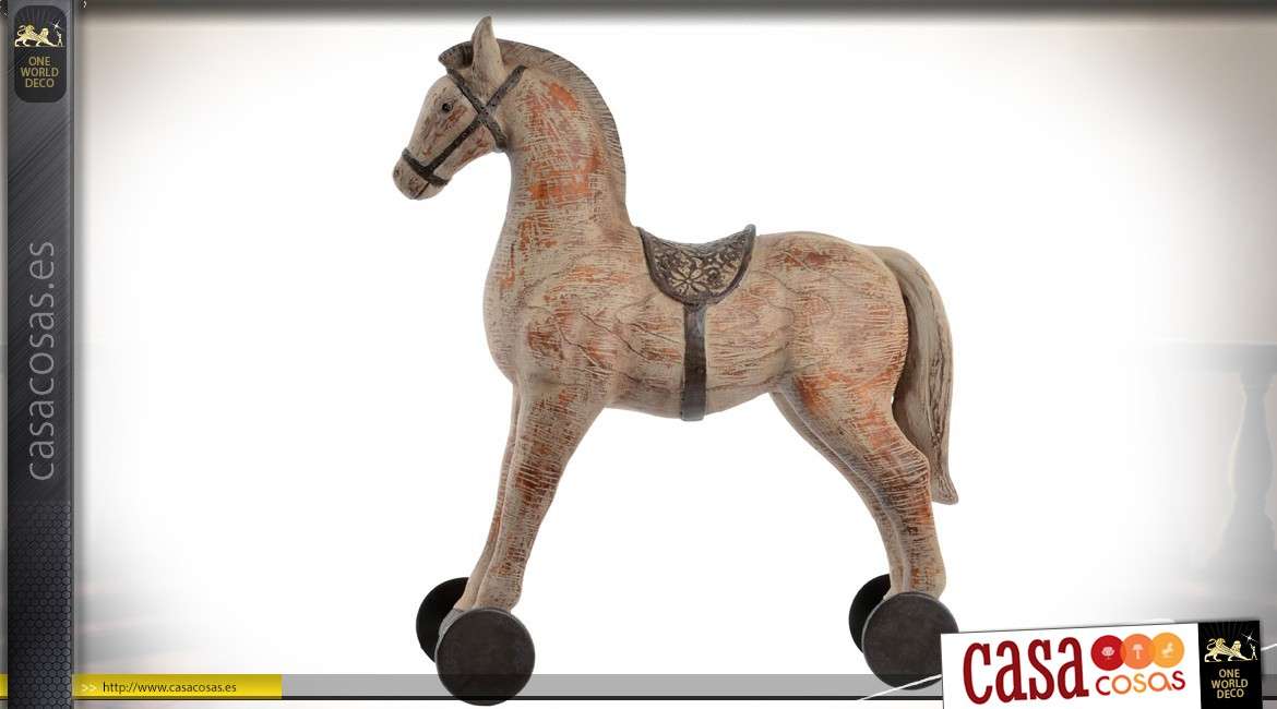 Objeto decorativo vintage, caballo con ruedas de madera vieja imitación antigua 37 cm