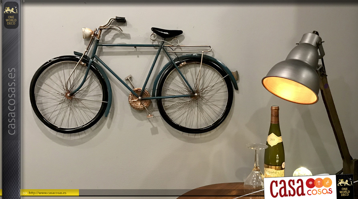 Bicicleta de pared en metal acabado azul antiguo, ambiente vintage, 90cm