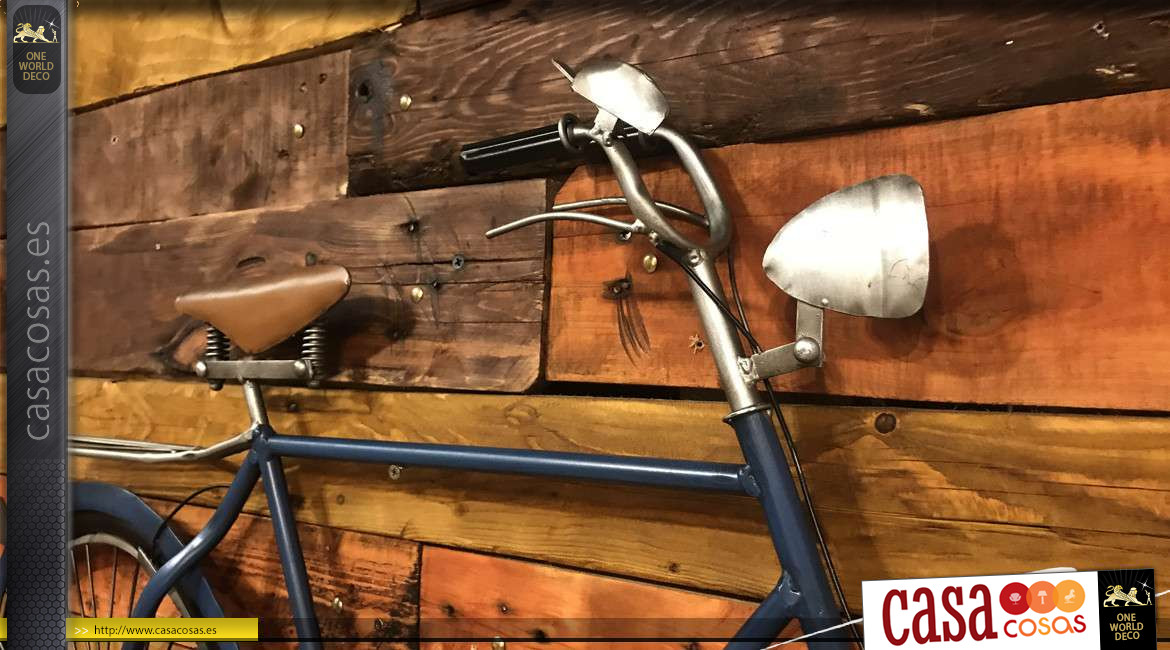 Bicicleta masculina grande en acabado azul antiguo, decoración de pared de metal de estilo vintage con notas de cobre, 110cm de largo