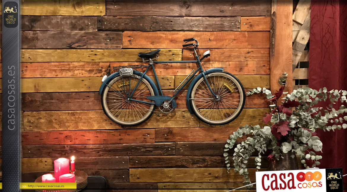 Decoración de pared de bicicleta grande con acabado azul envejecido, ambiente retro, 99cm