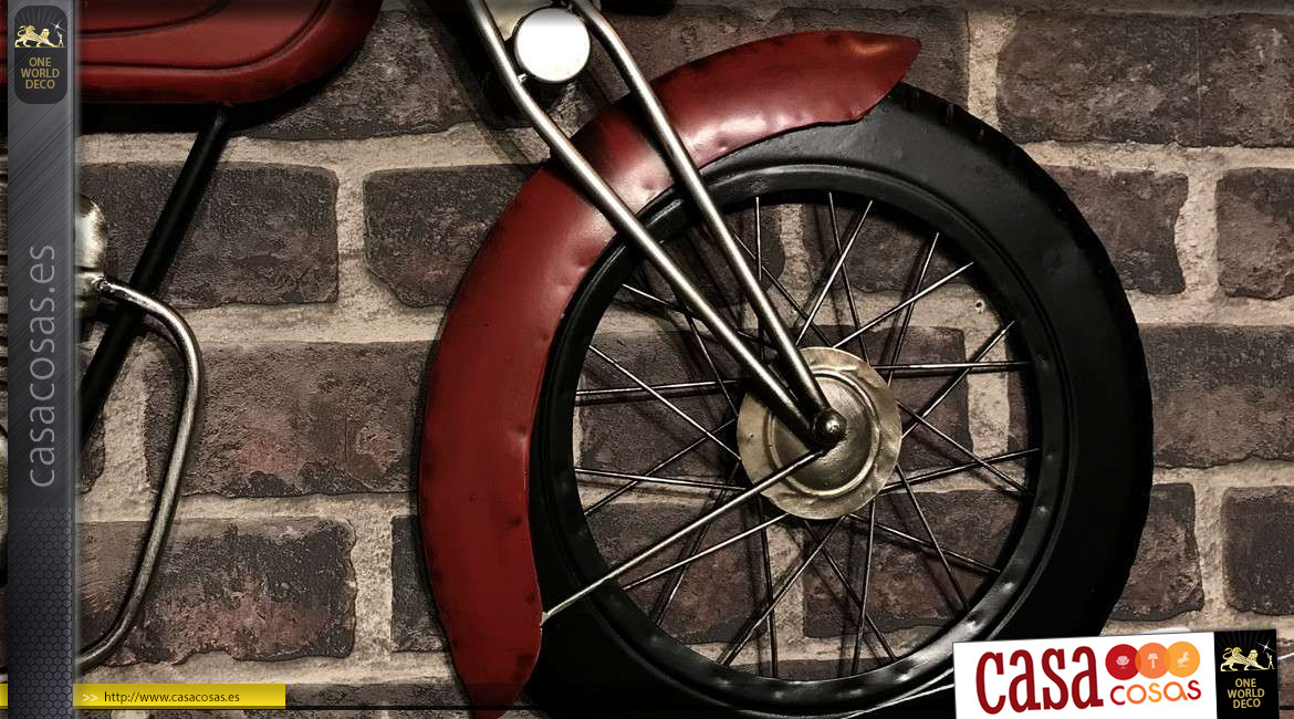 Motocicleta de pared de metal grande, negro carbón, aluminio cepillado y acabado rojo sangre, ambiente motociclista, 100cm