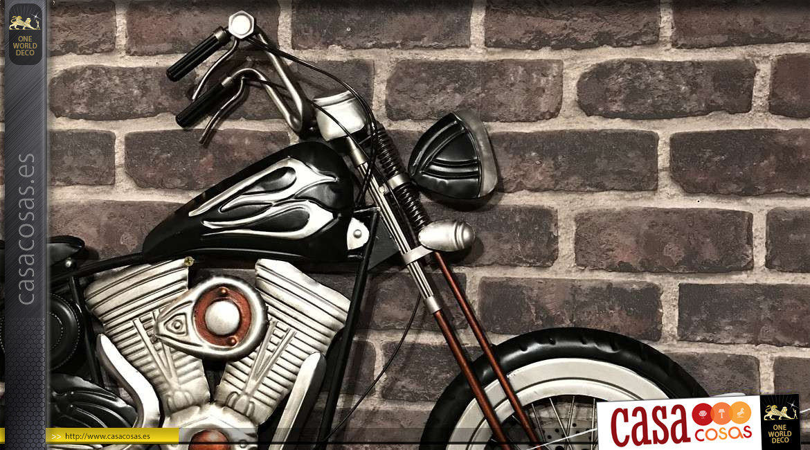 Motocicleta de pared grande en metal, acabado negro brillante y acero cromado, espíritu retro de los 70, 109cm de largo