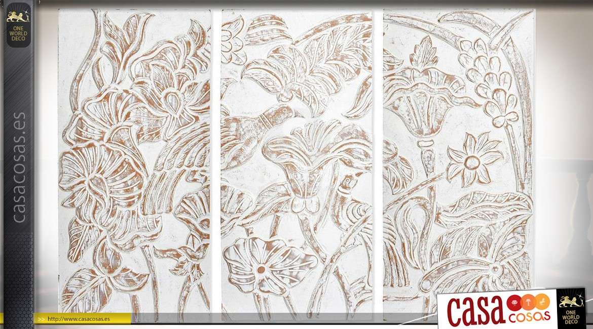 tríptico de madera tallada pájaros y flores pátina blanca 134 cm