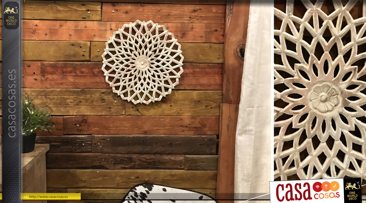 Roseta de madera tallada de 40 cm de diámetro, acabado de madera blanqueada en bruto, atmósfera de mandalas