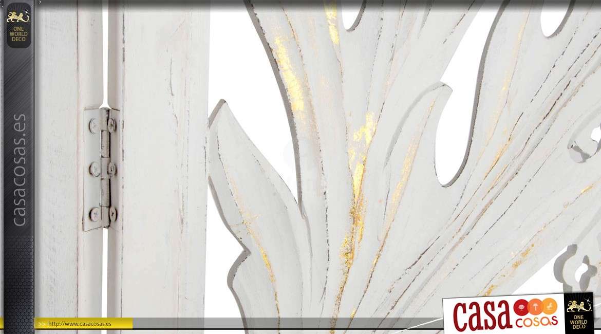 Pantalla tríptica tallada pátina blanca y efectos dorados 180 cm