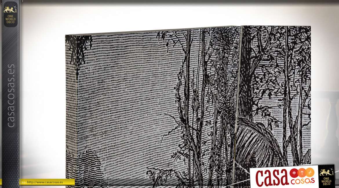 Gran biombo de madera y lienzo impreso con motivos de la jungla en blanco y negro, 180 cm de largo
