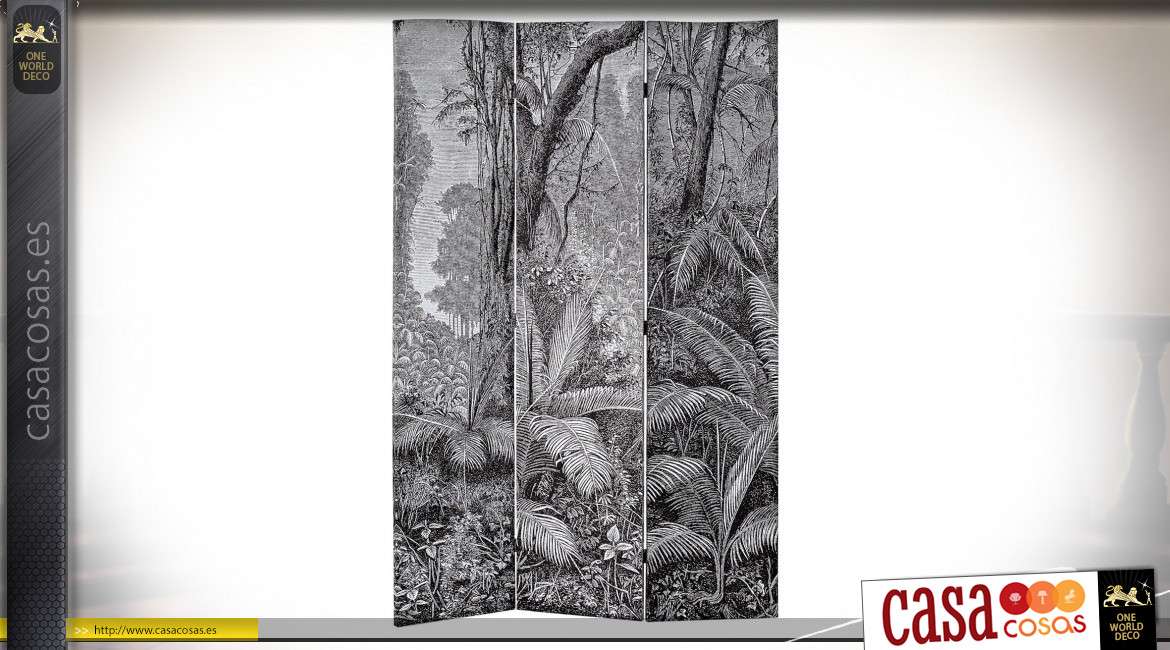 Gran biombo de madera y lienzo impreso con motivos de la jungla en blanco y negro, 180 cm de largo