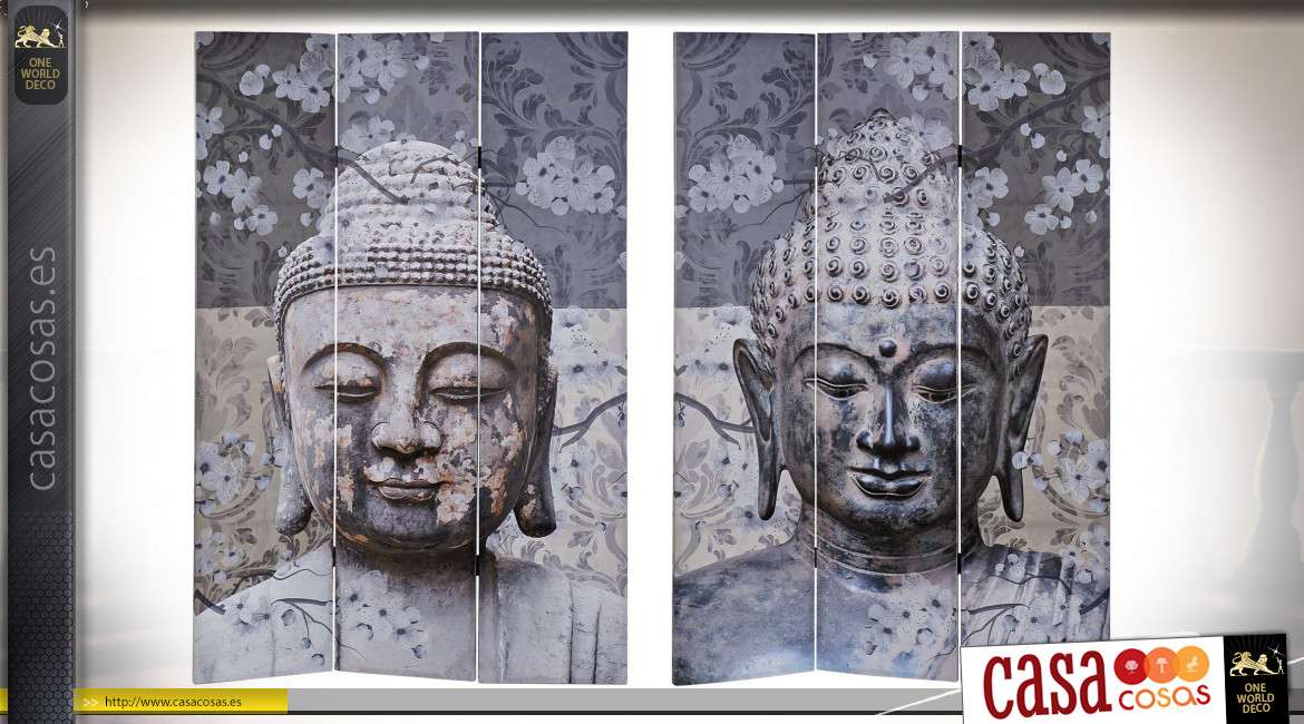 Serie de dos grandes biombos en lienzo y madera de abeto, motivos de Buda meditativo sobre fondos de flores tropicales, 180 cm