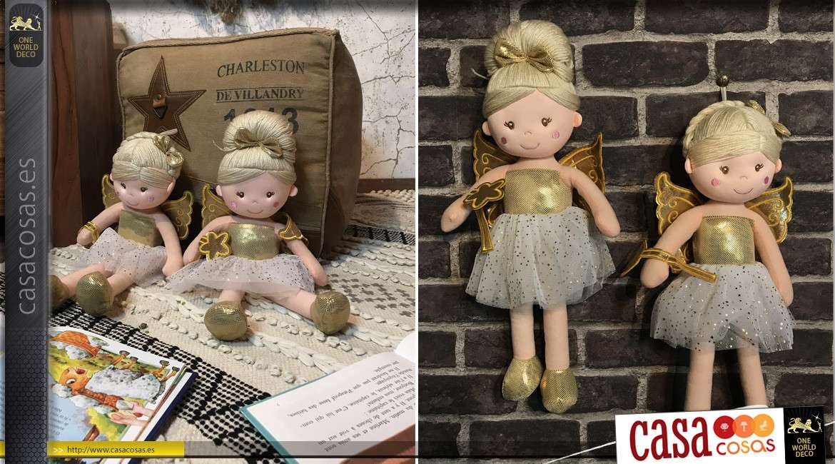 Serie de dos hadas de peluche, espíritu muñeco infantil, acabados de colores, en poliéster y algodón, 45cm