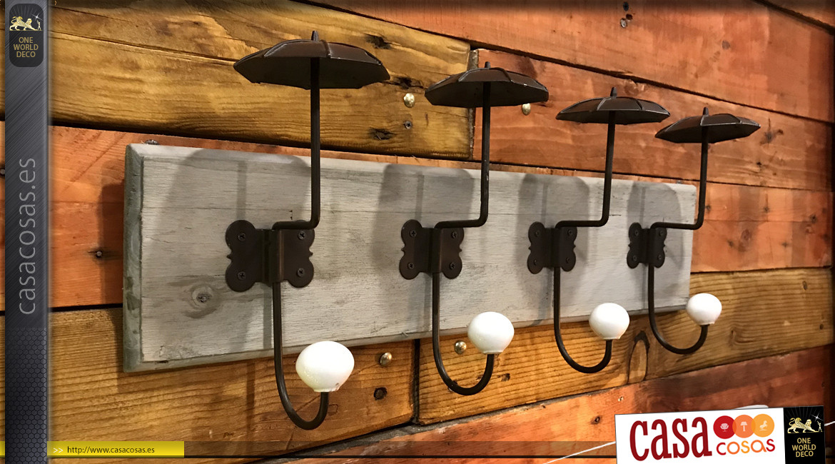 Perchero de pared en madera y metal con ganchos en forma de paraguas, acabados vintage, 52cm