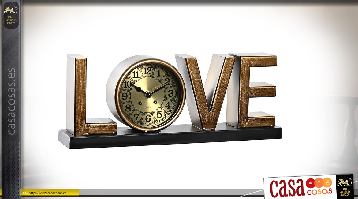 Reloj de mesa en resina con efecto latón envejecido, LOVE, 39cm