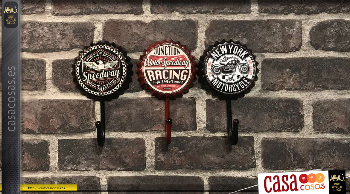 Serie de tres ganchos de pared metálicos, formas de cápsulas de cerveza antiguas, motocicletas biker, Ø11cm