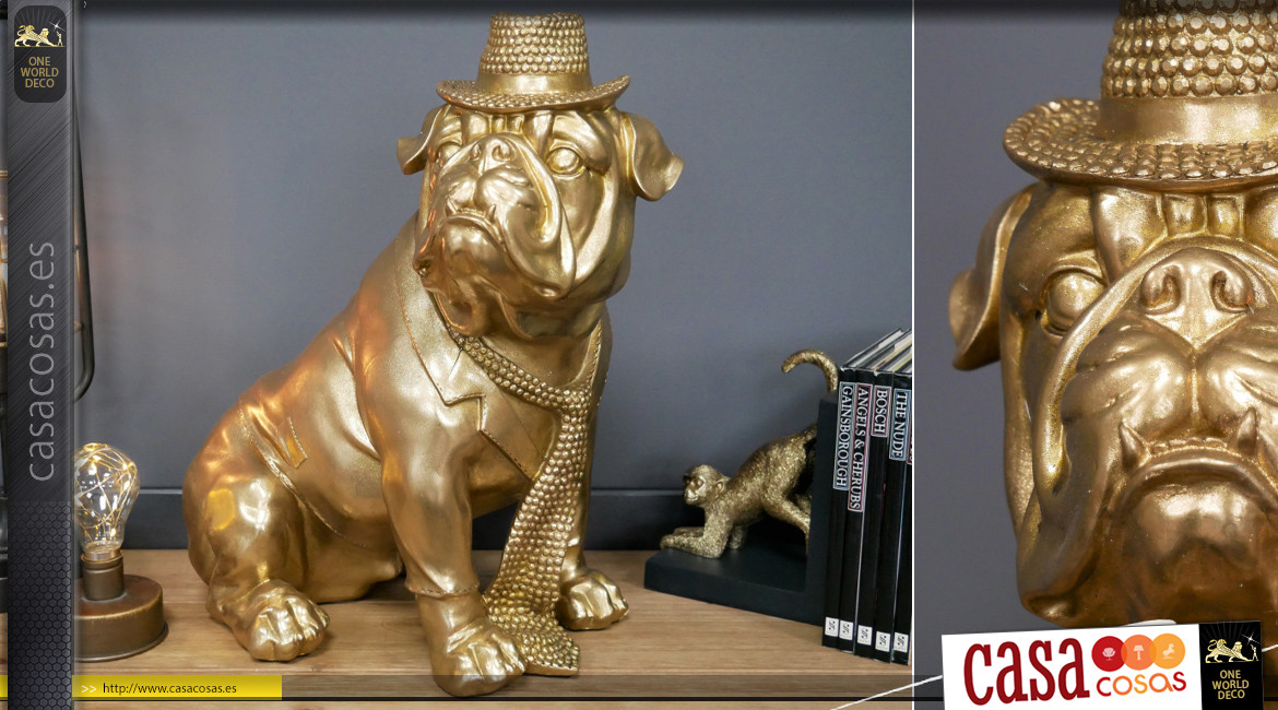 Escultura de resina de un bulldog disfrazado de noche, acabado en oro viejo, ambiente chic original, 44cm