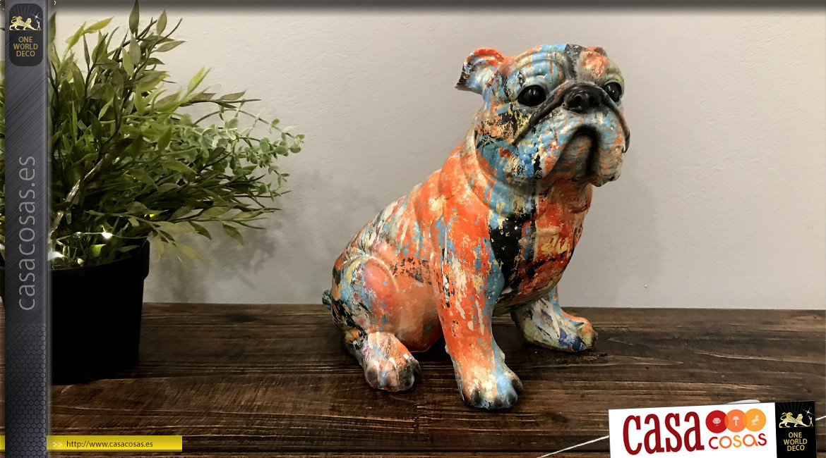 Estatuilla de bulldog en resina acabado pastel multicolor, ambiente contemporáneo, 23cm