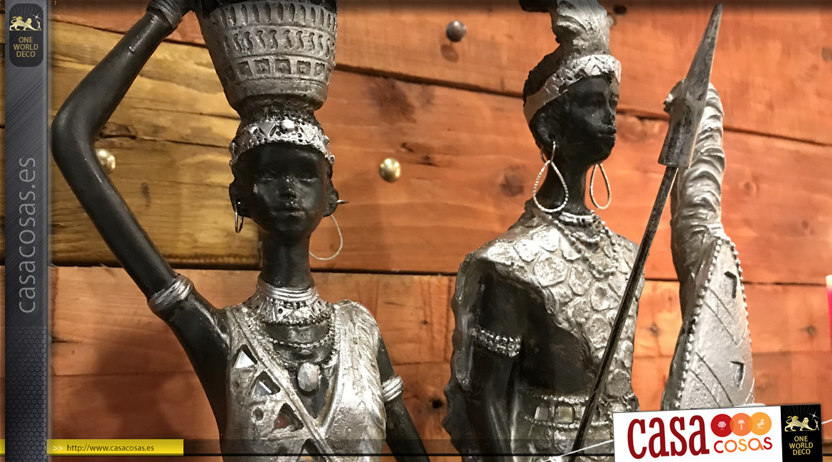 Estatuilla de resina en acabado negro y plateado brillante, personajes de la tribu africana, 47cm