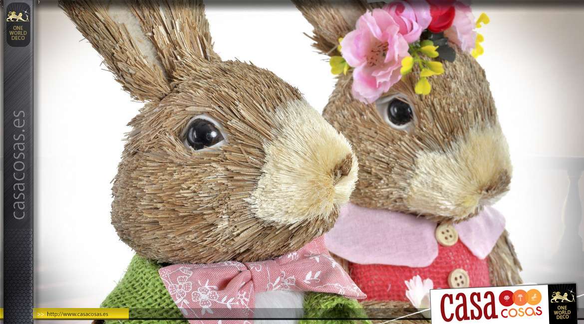 Pareja de conejos en fibras naturales y base de poliéster, decoración de Pascua, 40cm