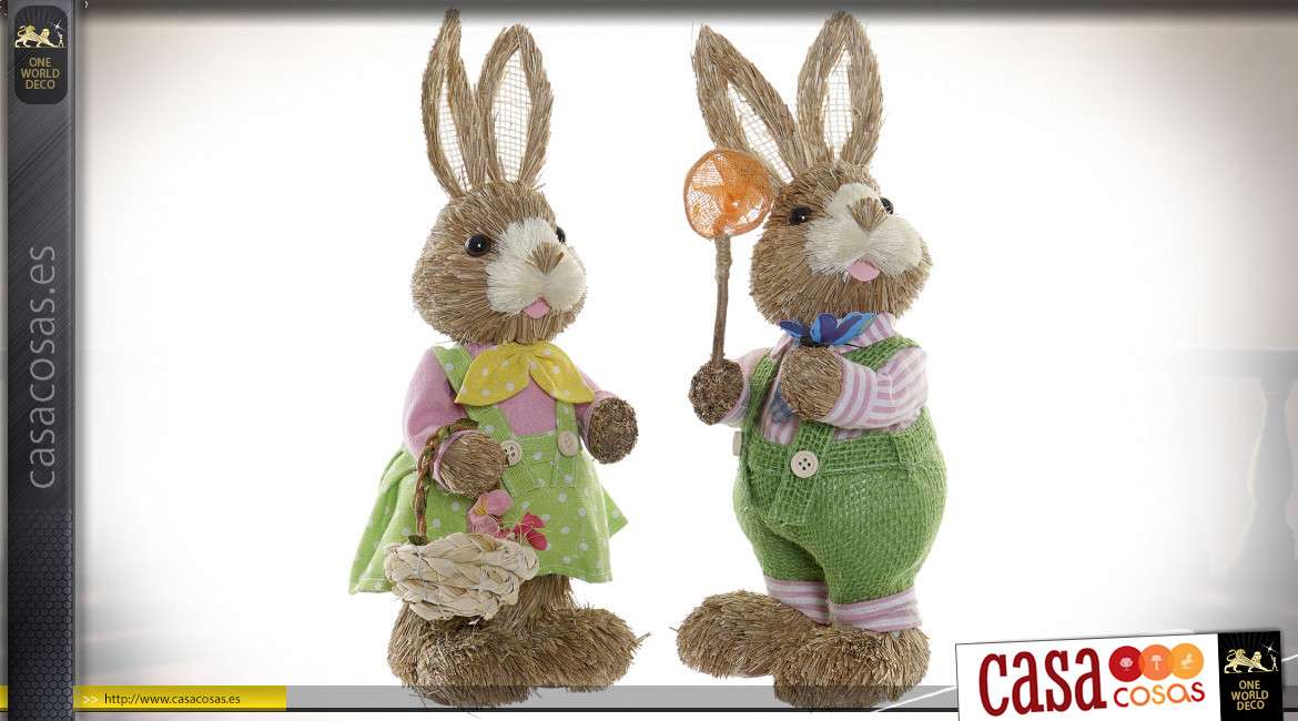 Serie de dos conejos en fibras naturales sobre una base de poliéster, estilo decoración de Pascua, 32cm