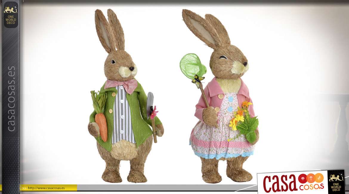 Serie de dos conejos en fibras naturales y base de poliéster, estilo campestre infantil, 62cm