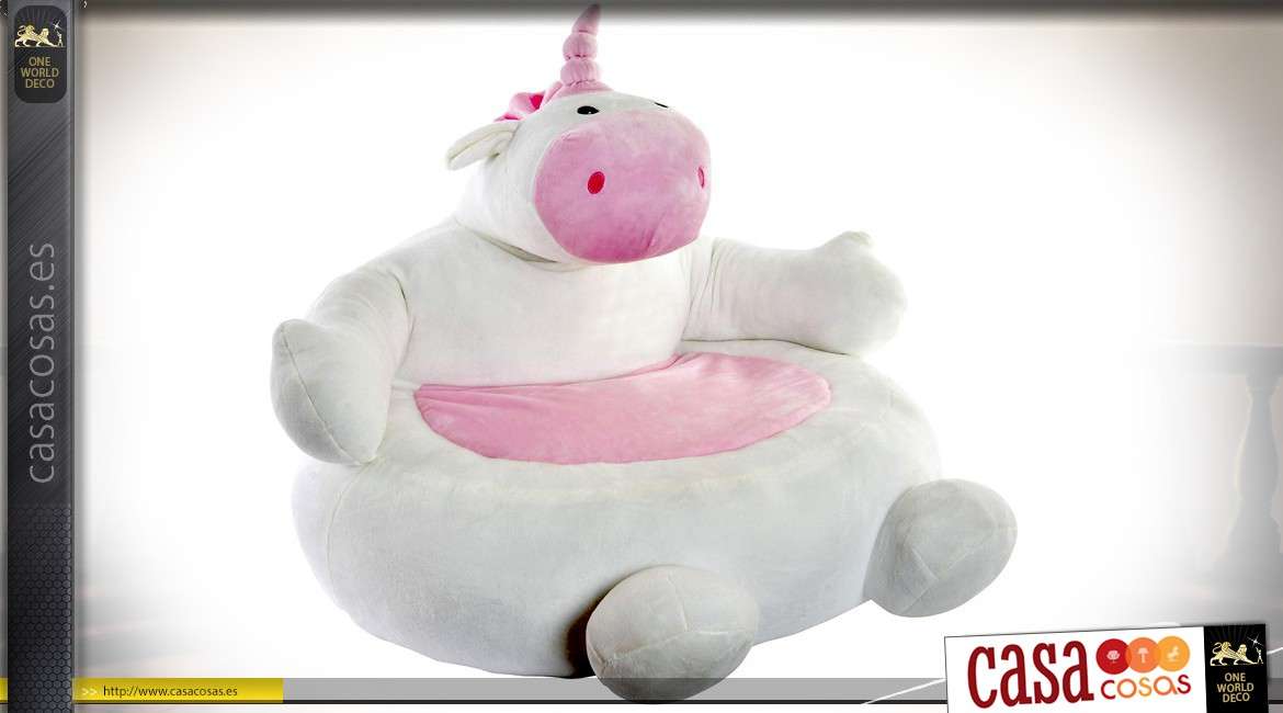 Puf infantil con forma de unicornio blanco y terciopelo rosa Ø 55 cm