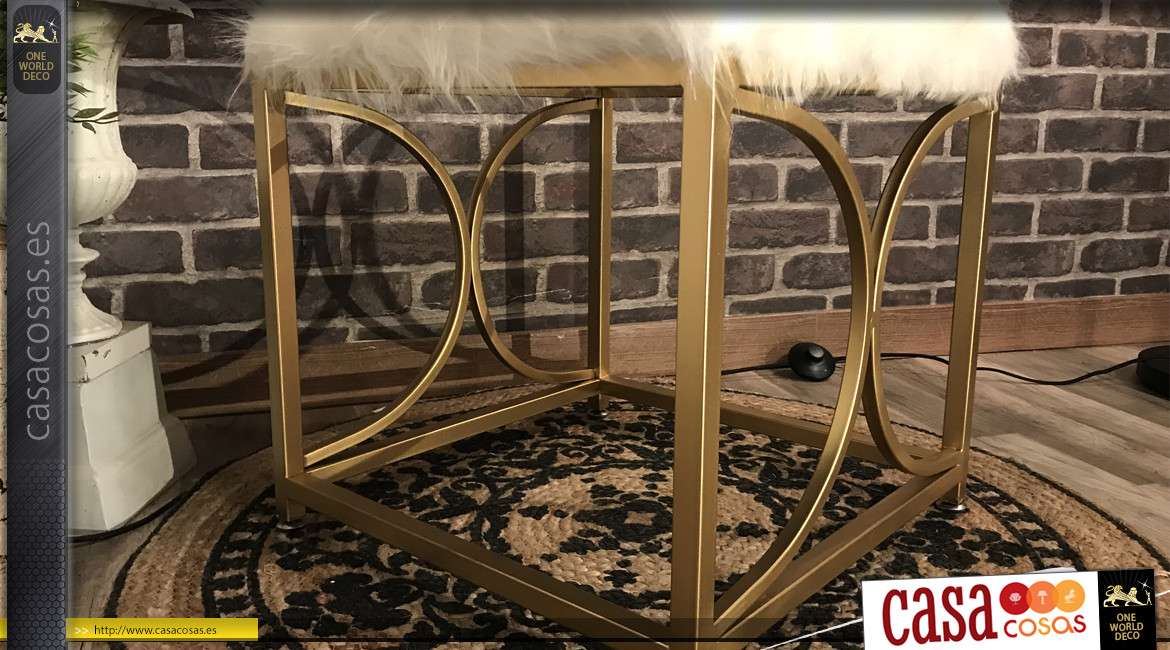 Reposapiés de estilo moderno, estructura de metal dorado efecto cepillado y asiento de pelo largo, forma cuadrada