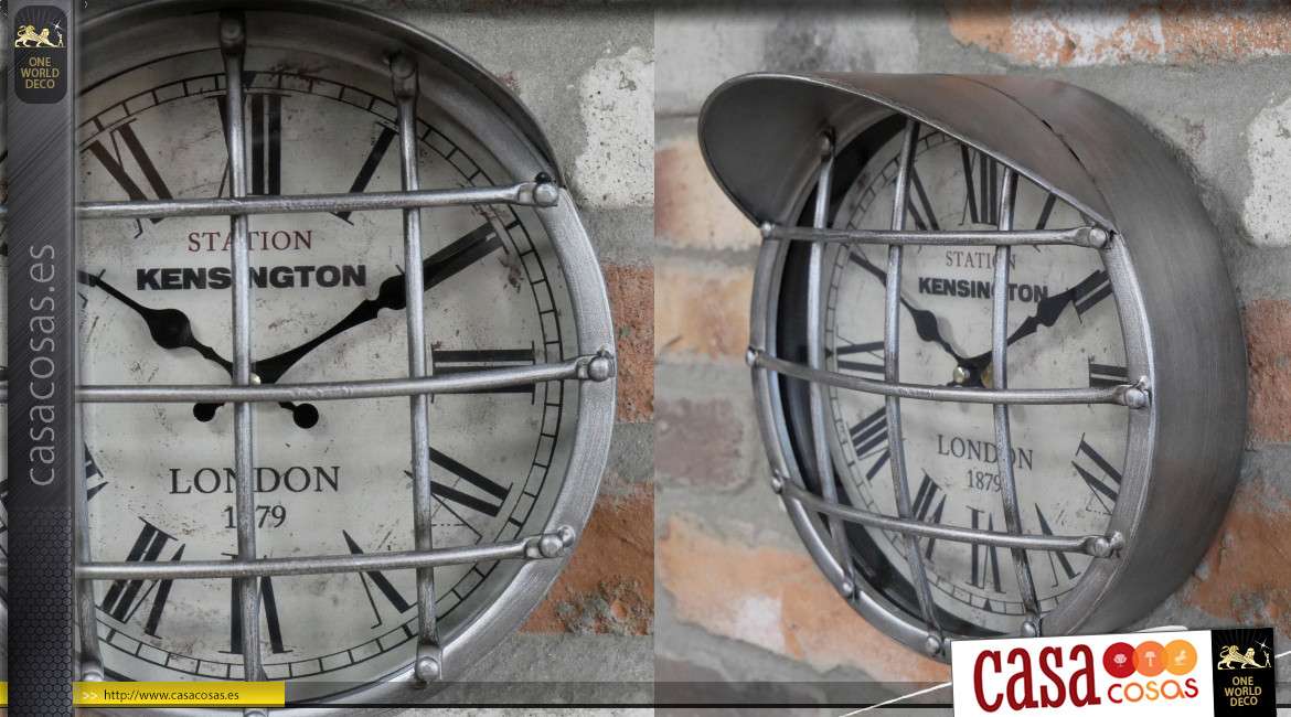 Reloj de metal en estilo semáforo industrial, rejilla en la parte delantera y tapa