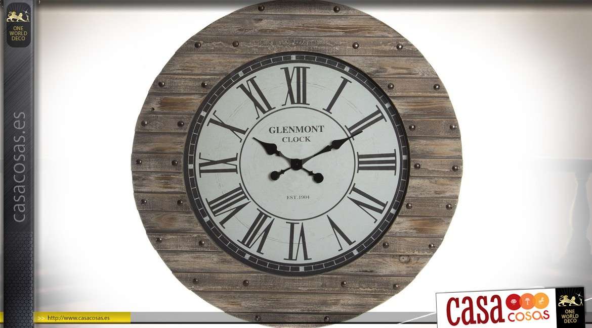 Reloj grande estilo rústico de madera maciza y metal envejecido y remaches viejos Ø 92 cm