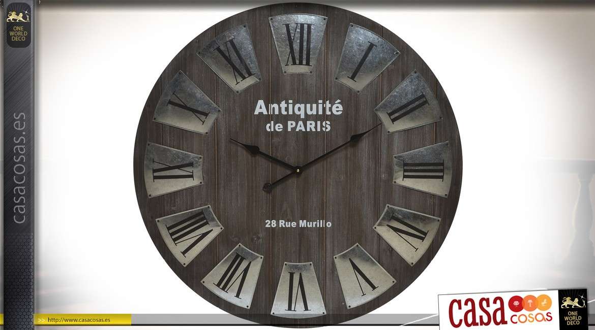 Gran reloj de madera y metal imitación zinc estilo retro e indus Ø 80 cm