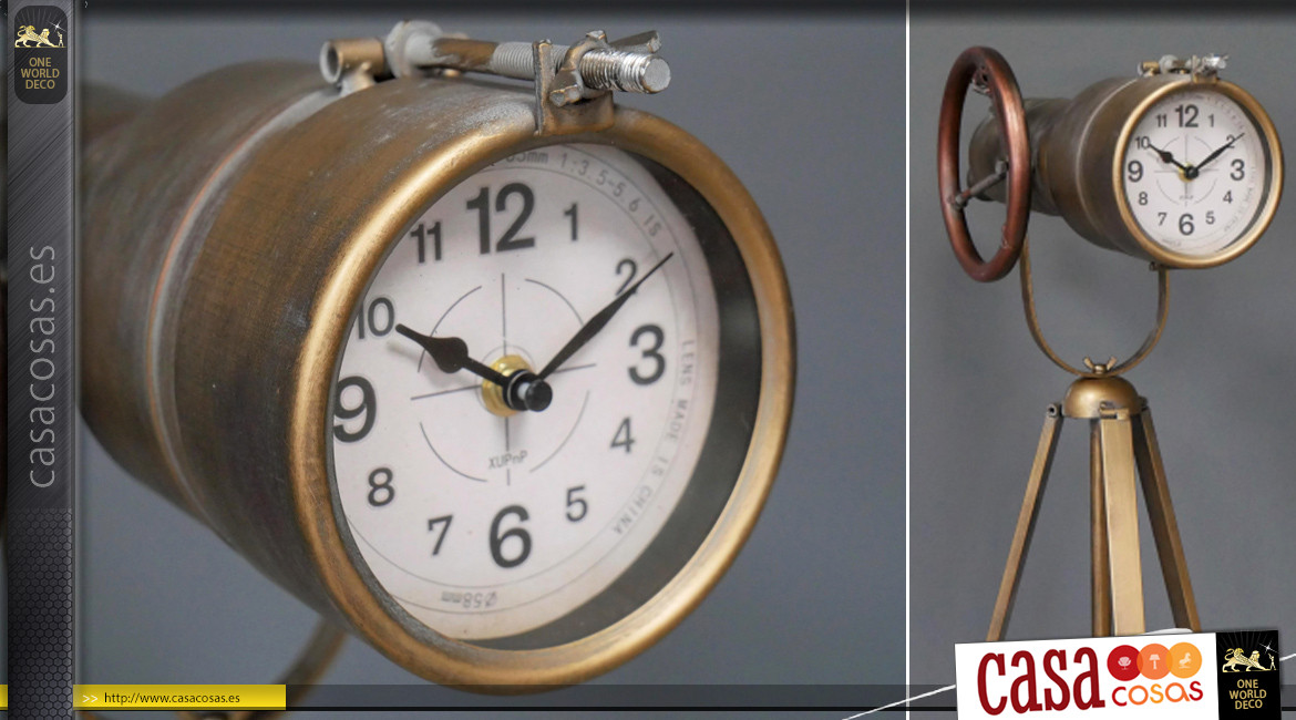 Reloj trípode en metal acabado latón efecto cepillado, forma telescópica ajustable, atmósfera astronómica, 105cm