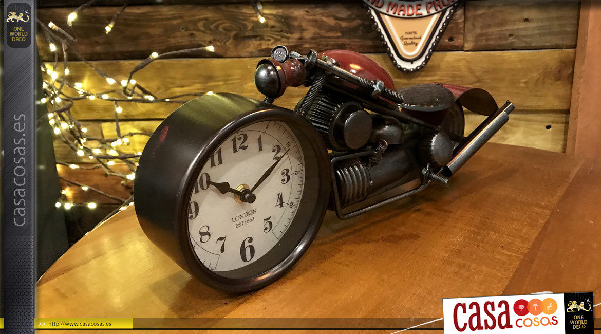Reloj de sobremesa con forma de motocicleta antigua, ambiente vintage, acabado rojo antiguo, 39cm