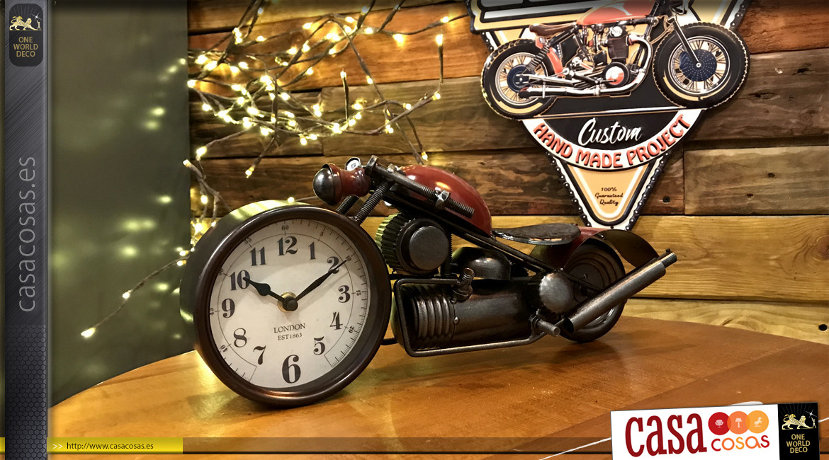 Reloj de sobremesa con forma de motocicleta antigua, ambiente vintage, acabado rojo antiguo, 39cm