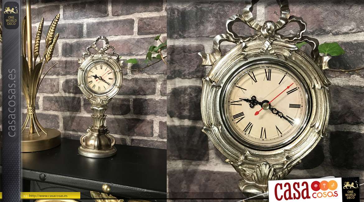 Reloj de mesa en resina efecto metal plateado envejecido, espíritu Walt Disney, inspiraciones barrocas, 31cm