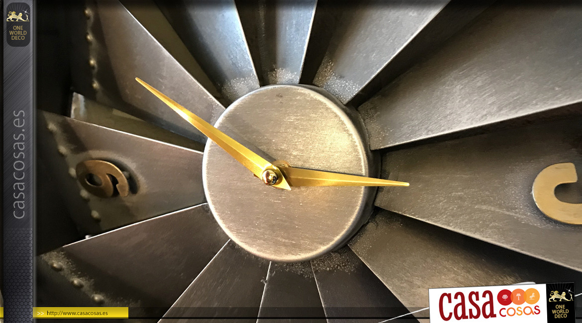 Reloj de metal forma de motor de avión, espíritu turbina industrial, acabado en acero y números de latón, Ø41