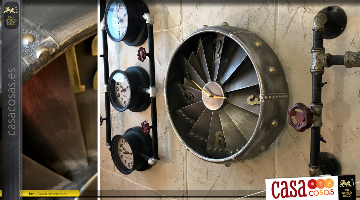 Reloj de metal forma de motor de avión, espíritu turbina industrial, acabado en acero y números de latón, Ø41
