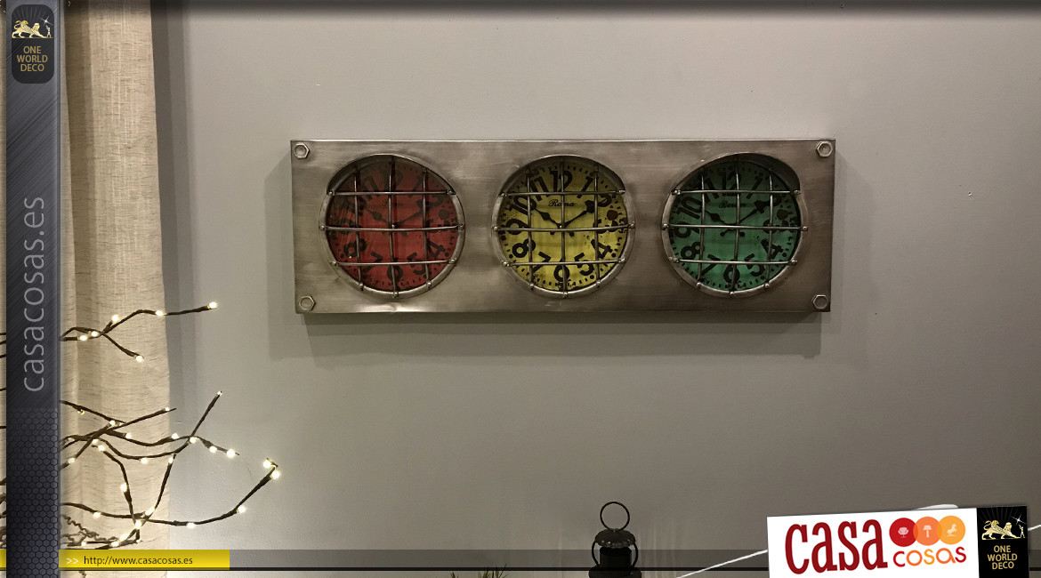 Reloj de pared de metal con semáforo Race Track, 3 esferas de colores, 90cm
