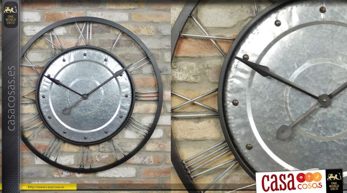 Reloj de pared grande de metal, marco doble, inspiración de ruedas de coche, 90 cm
