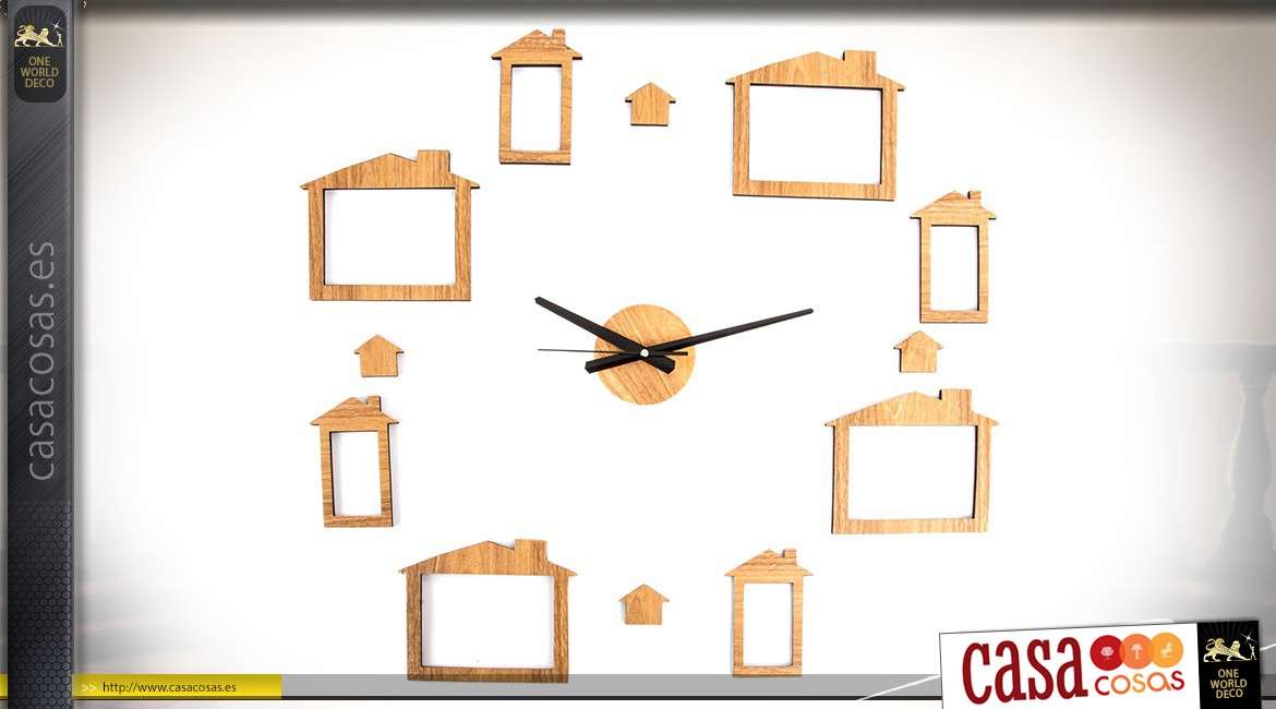 Reloj de pared imitación de madera natural con soporte para fotos de 8 ranuras
