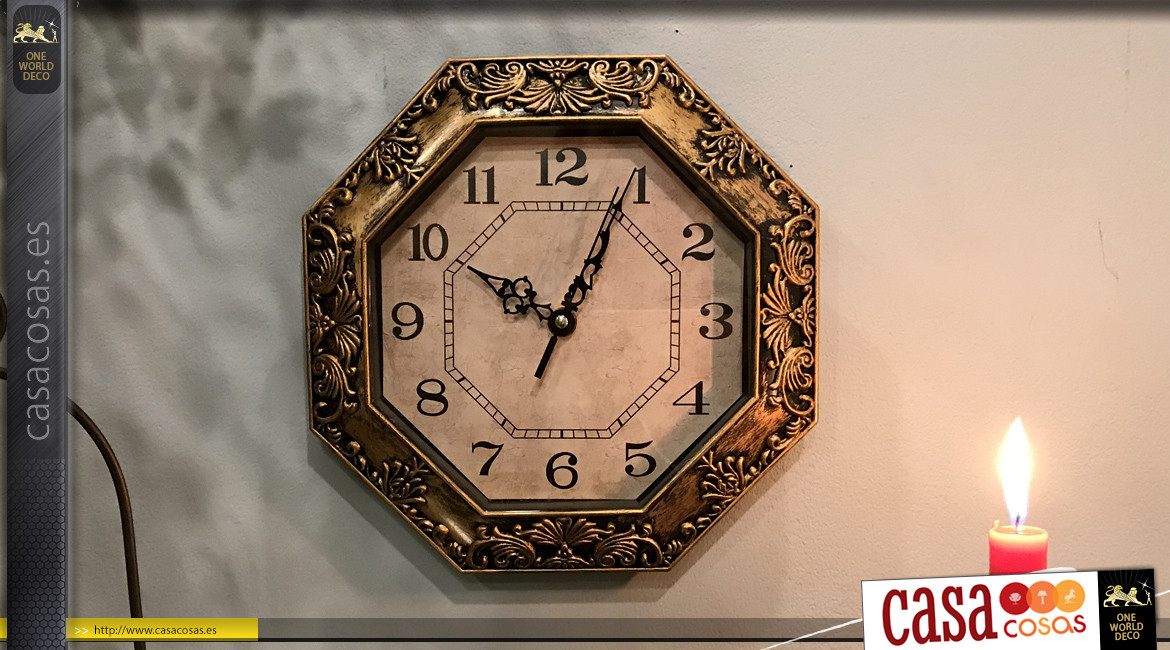 Reloj de pared octogonal, acabado negro carbón y bronce cobre, ambiente retro vintage, Ø23cm