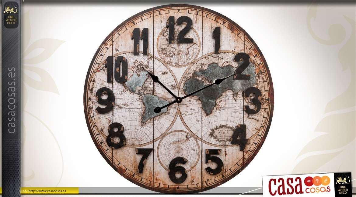 Reloj de pared redondo con ilustración de mapa mundial