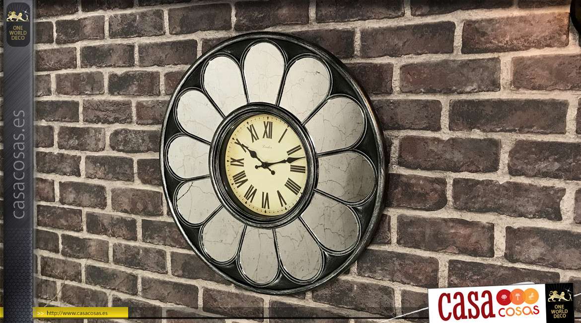 Reloj de pared vintage con estampado de flores estilizadas en espejos