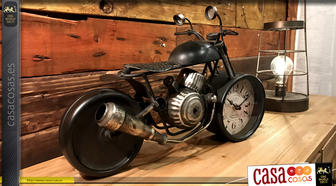 Reloj de sobremesa con forma de motocicleta, en metal estilo motero vintage, acabado negro carbón desgastado, 40cm