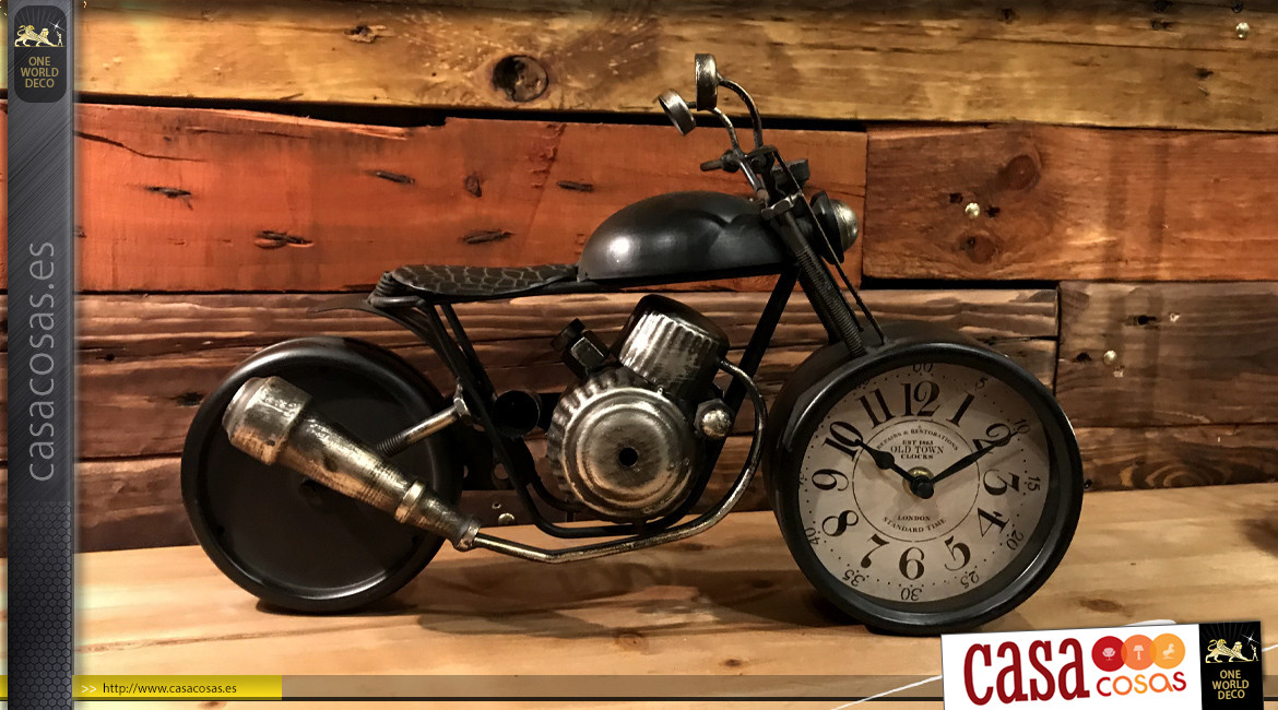 Reloj de sobremesa con forma de motocicleta, en metal estilo motero vintage, acabado negro carbón desgastado, 40cm