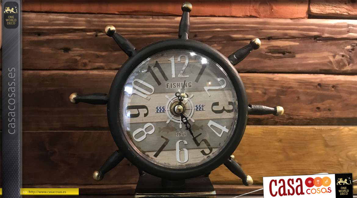 Reloj de sobremesa de metal con forma de timón de velero, ambiente marino, acabado azul océano, 24cm
