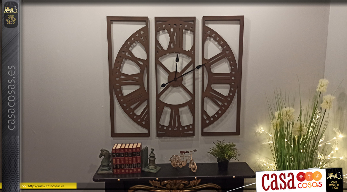 Reloj grande de estilo retro en tríptico en metal blanco envejecido 1 metro x 1 metro