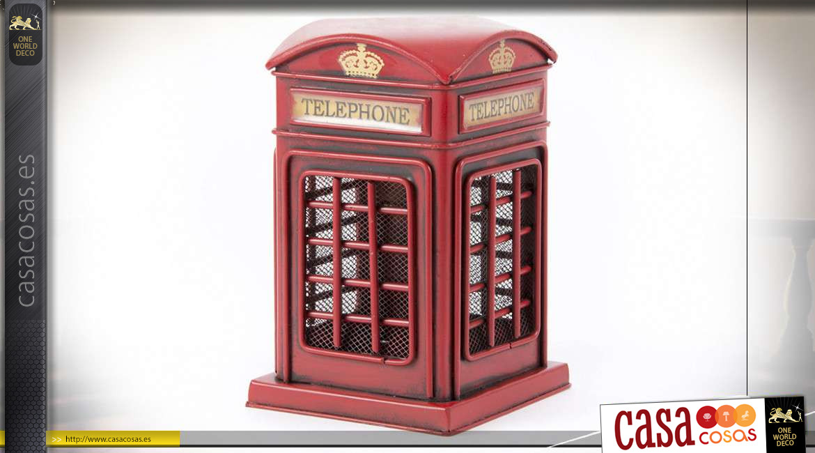 Cabina de teléfono inglesa pequeña en metal acabado rojo antiguo, deco estilo londinense, 17cm