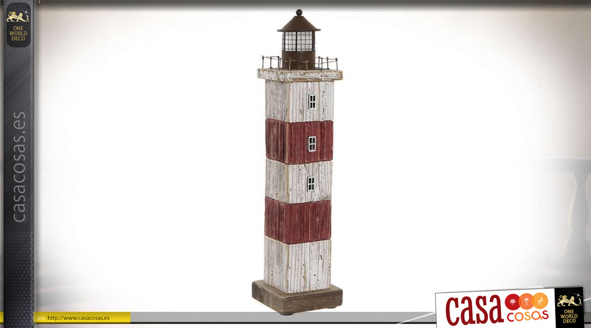 Faro decorativo en madera efecto envejecido, con LED integrado, ambiente de antiguo puerto pesquero, 42cm
