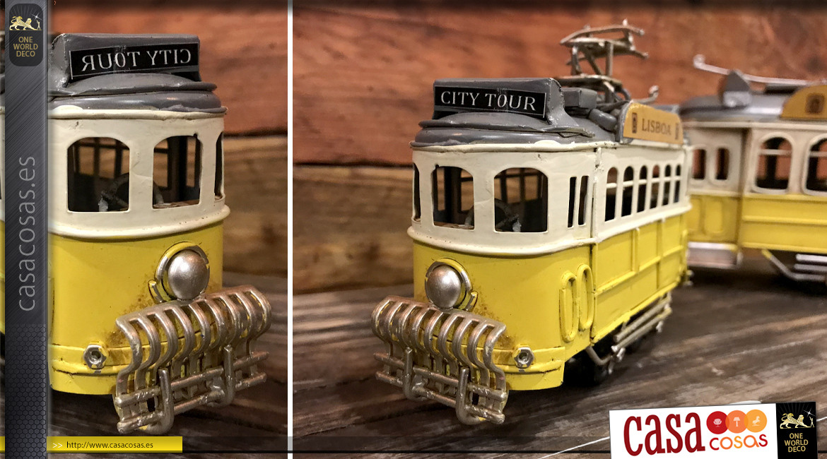 Representación de un antiguo tranvía acabado amarillo, ambiente vintage, 13cm.