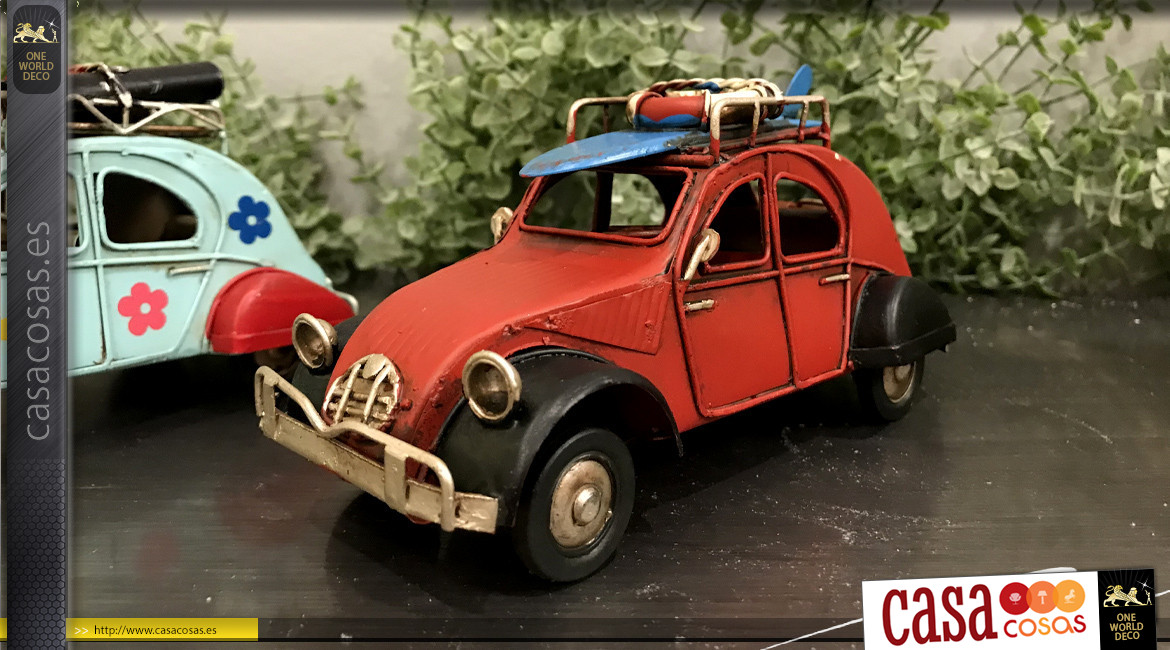 Serie de 4 vehículos en miniatura en metal, acabado efecto antiguo, ambiente playero vintage, 16cm