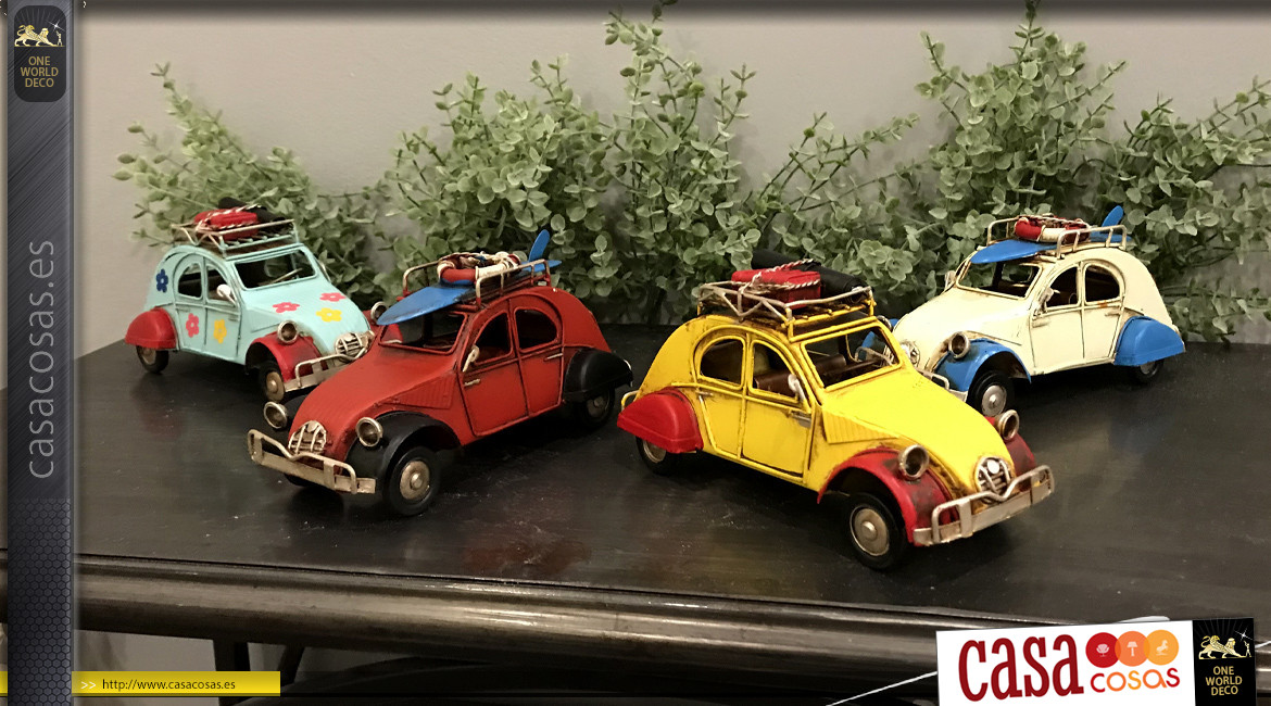 Serie de 4 vehículos en miniatura en metal, acabado efecto antiguo, ambiente playero vintage, 16cm