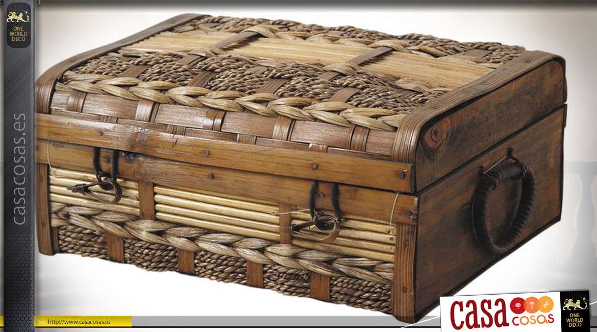 Caja de madera, junco y bambú tejido, con asas en los laterales, acabados marrones con reflejos dorados